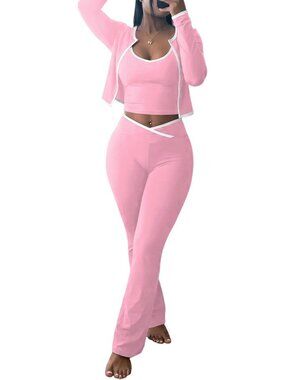 Stylish 3-Piece Women's Workout Set: Cropped Jacket, Tank Top & Flare Pants